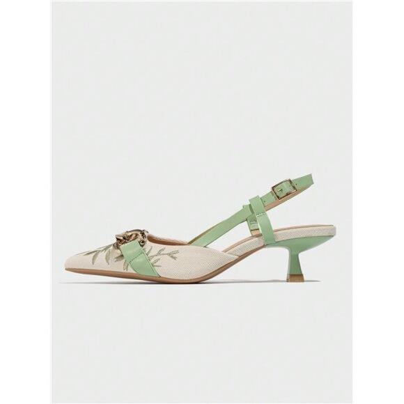 Women's PU Leather Floral Embroidery Pointy Toe Slingback Kitten Heel Mules - Picture 5 of 7